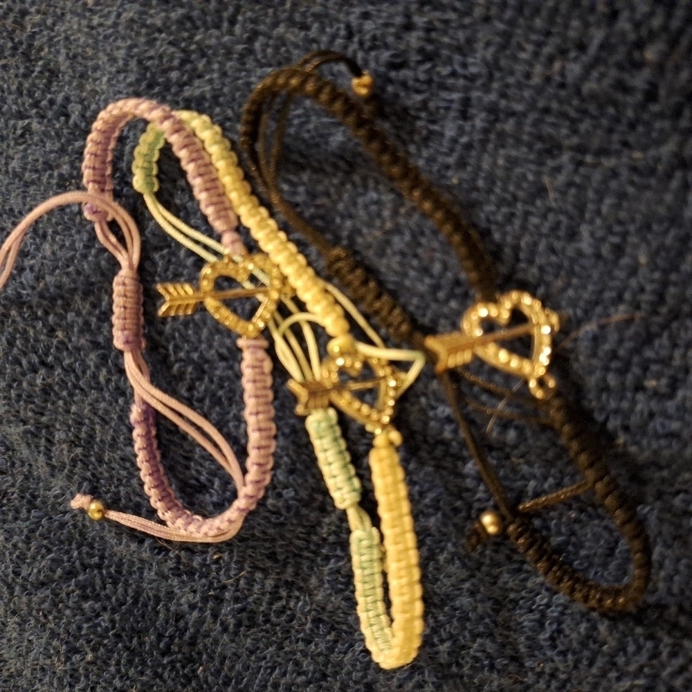 Three Adjustable Pull Tie Heart Bracelets